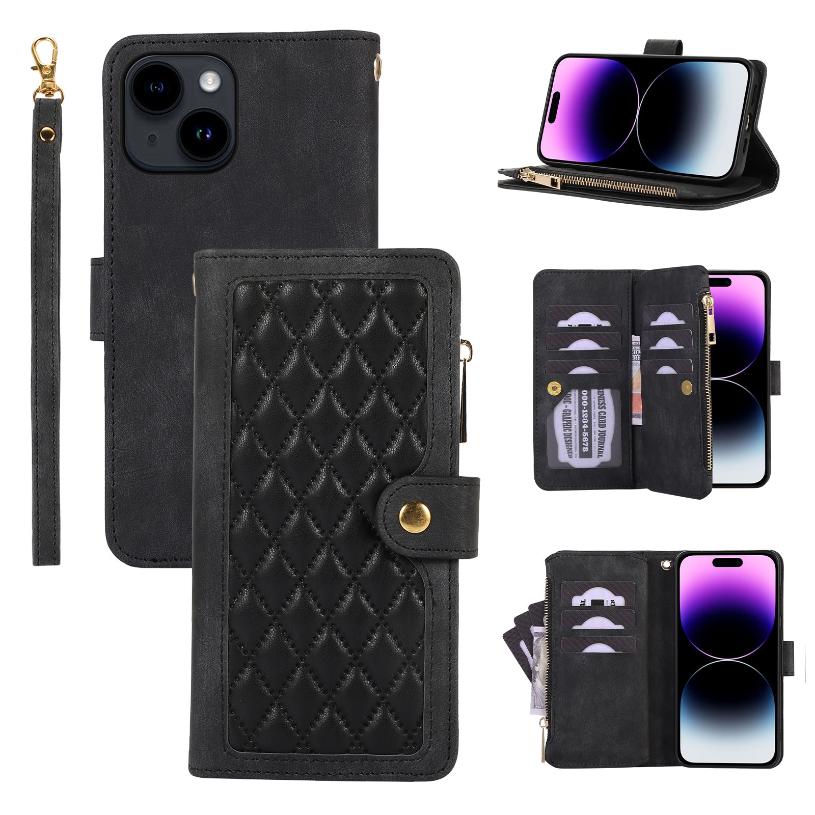 For iPhone 15 Zipper Pocket Phone Shell Splicing Style PU Leather Case Phone Cover with Multiple Card Slots For iPhone 15 Zipper Pocket Phone Shell Splicing Style PU Leather Case Phone Cover with Multiple Card Slots